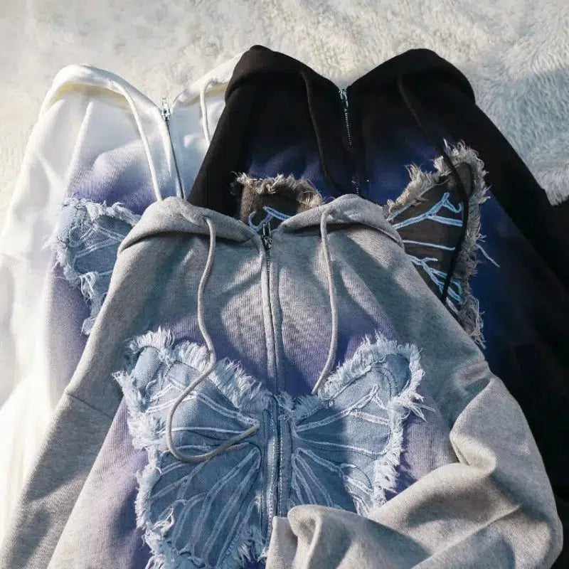 Embroidery Butterfly Y2K Oversized Comfy Fit Zip Up Hoodie