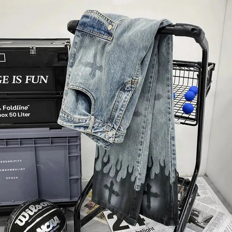 Flame Y2K Cross Graphic Print Straight Baggy Jeans