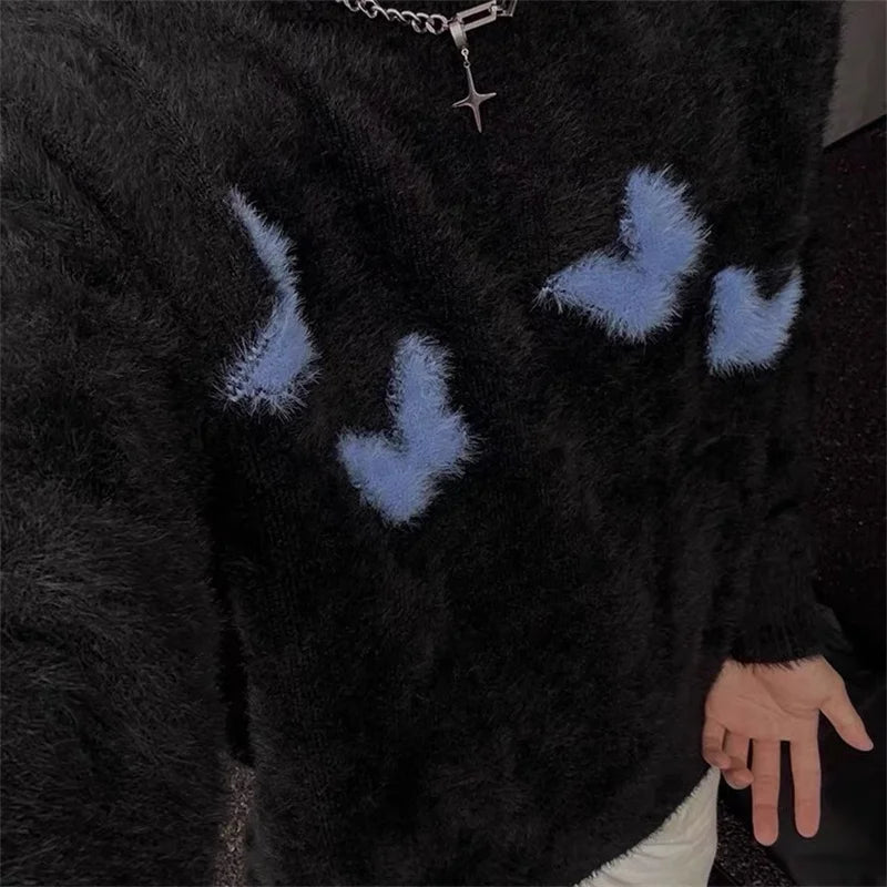 Mohair Y2K Blue Butterfly Knitted Cosy Jumper Sweater