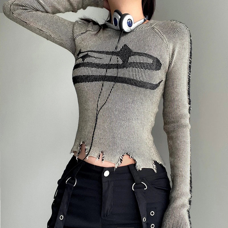 Womens Long Sleeve Ripped Stitched Y2K Top
