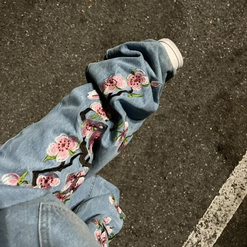 Y2K Cherry Blossom Embroidered Baggy Jeans