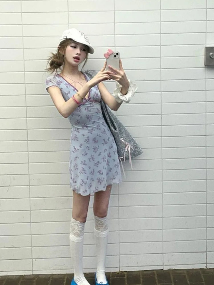 Y2K Lavender V Neck Floral Mini Dress