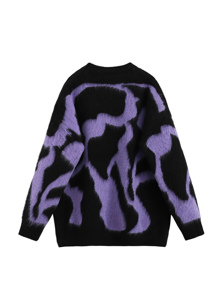 Y2K Purple Cow Patch Knitted Sweater