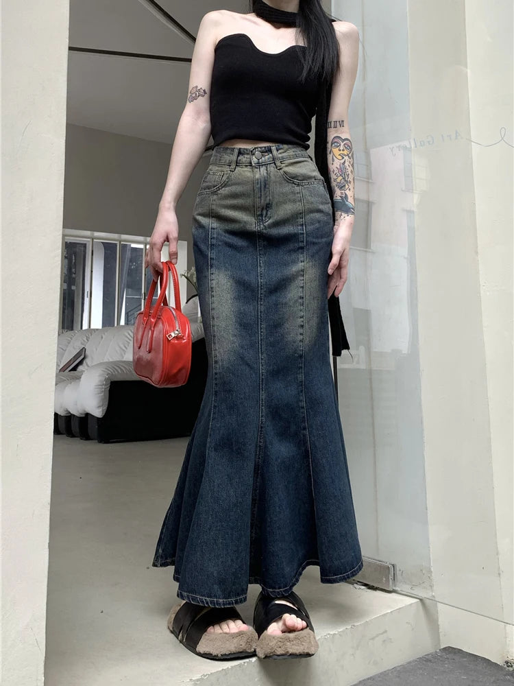 Y2K Retro Blue Mermaid Fishtail Denim Long Maxi Skirt