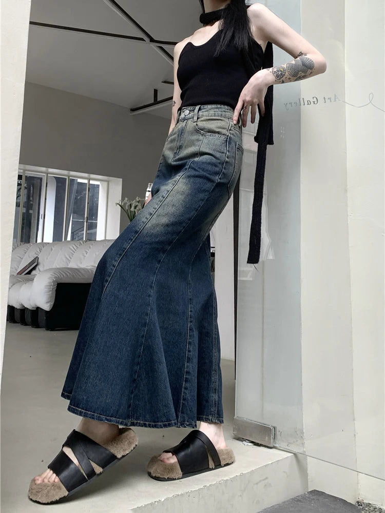 Y2K Retro Blue Mermaid Fishtail Denim Long Maxi Skirt