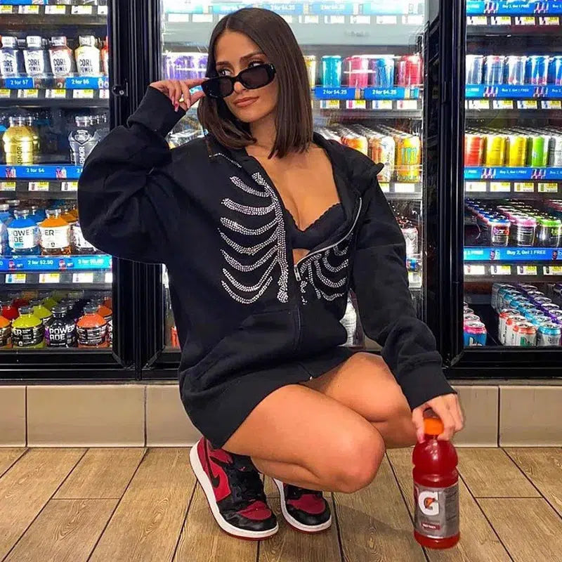 Y2K Rhinestone Skeleton Zip Up Oversized Hoodie