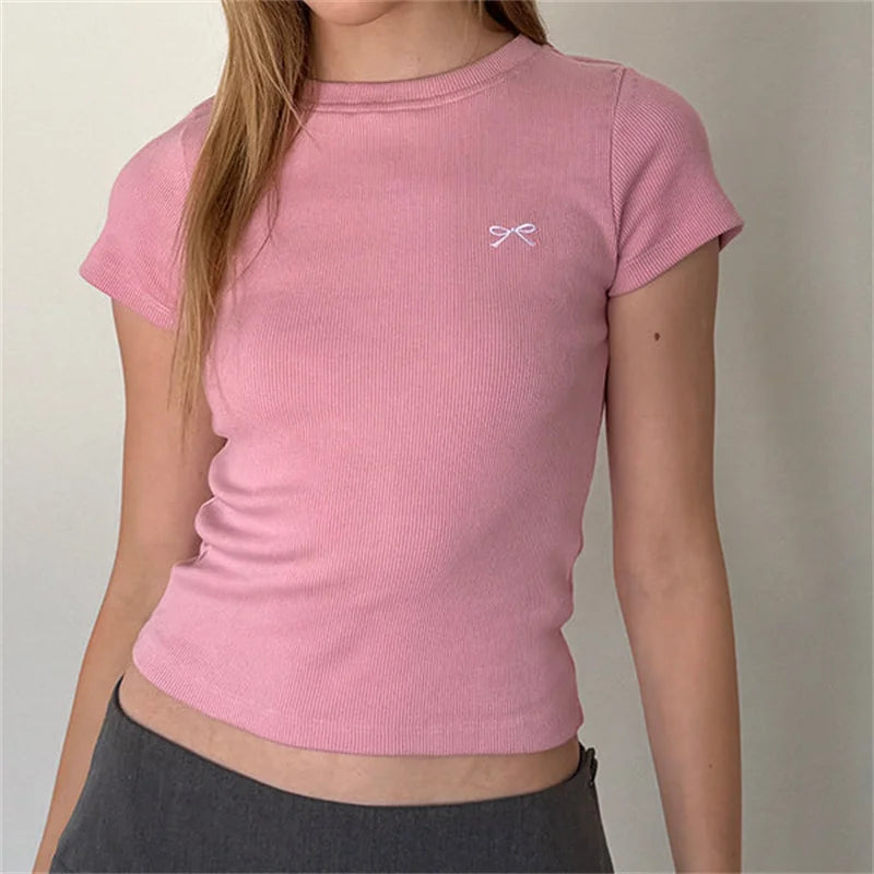 Y2K Ribbon Bow Plain Baby Tee