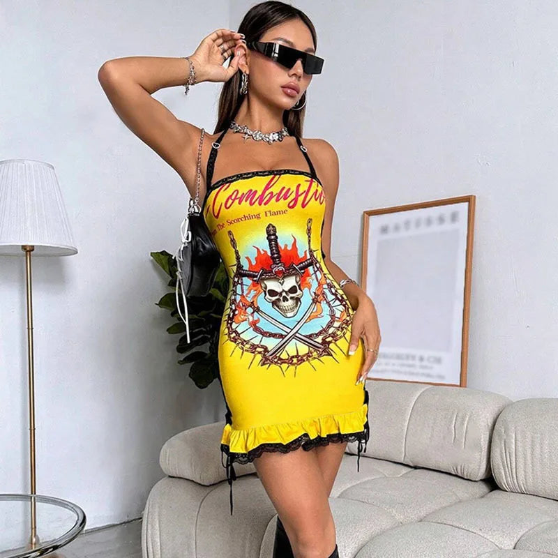Y2K Scorching Time Print Lace Up Pleated Mini Dress