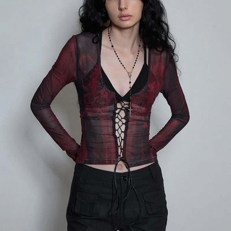 Y2K Sheer Long Sleeve Womens Top