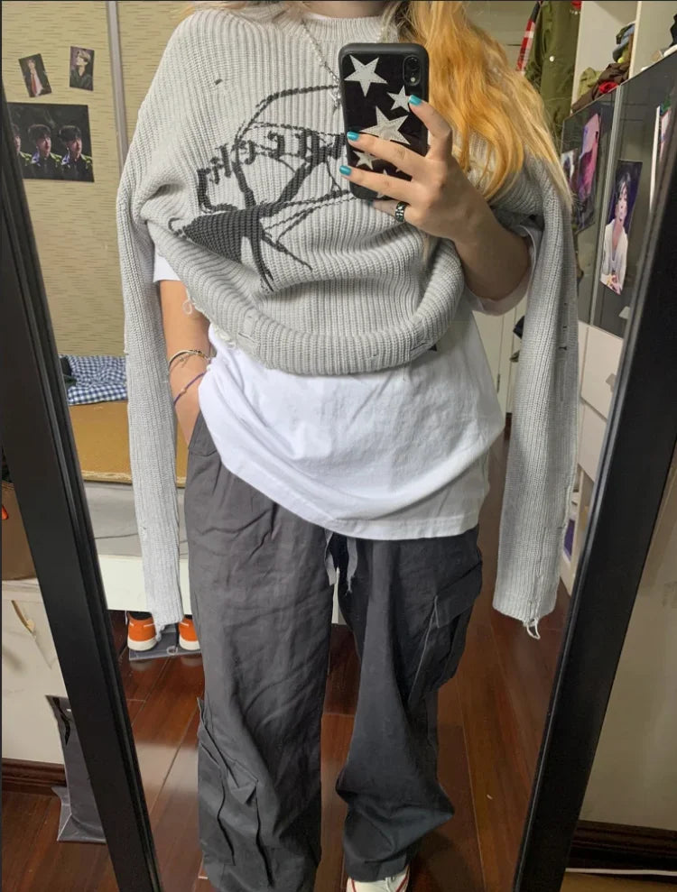 Y2K Spider Print Knitted Sweater