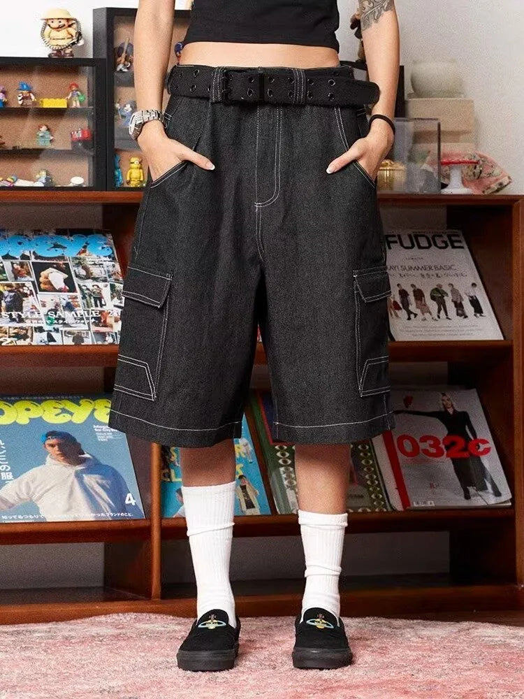 Y2K Vintage Black Baggy Denim Cargo Jean Shorts Jorts