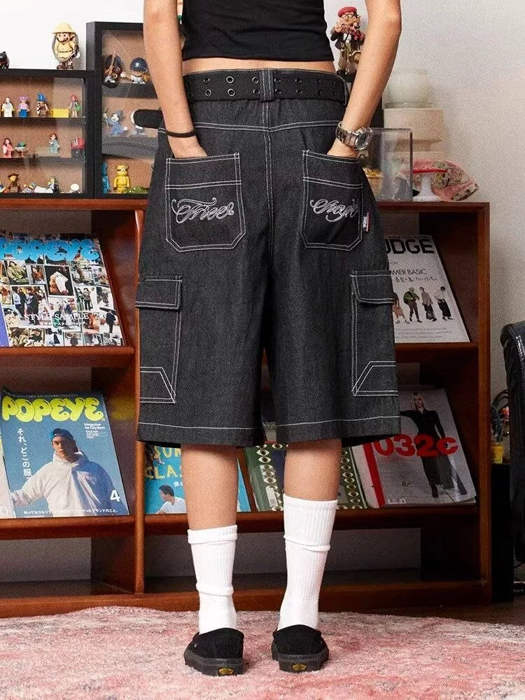 Y2K Vintage Black Baggy Denim Cargo Jean Shorts Jorts