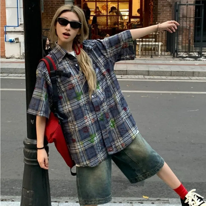 Y2K Vintage Blue Short Sleeve Plaid Flannel Button Up Shirt