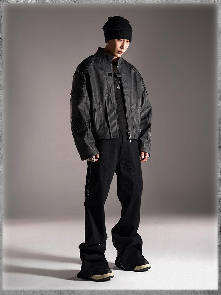 Y2K Vintage Short Distressed Black Faux Leather Jacket