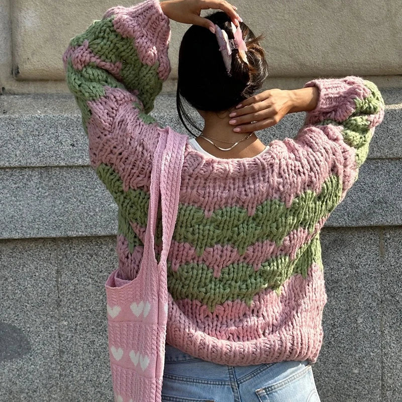 Y2K Womens Striped Lantern Sleeves Cardigan